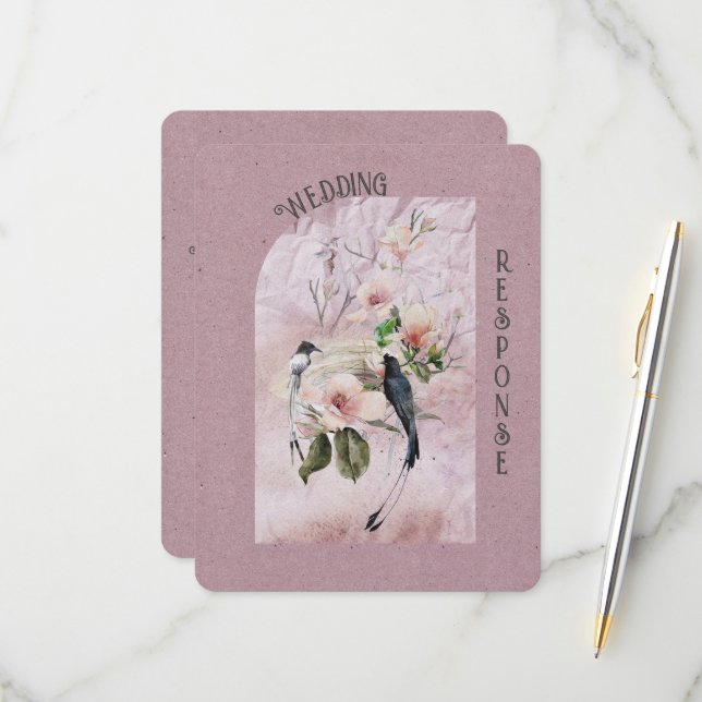 Dusty Burgundy Magnolia Blossoms and Birds Wedding RSVP Card (Front/Back In Situ)