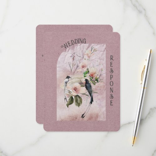Dusty Burgundy Magnolia Blossoms and Birds Wedding RSVP Card