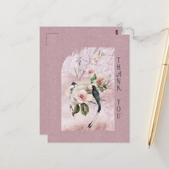Dusty Burgundy Magnolia Blossoms Wedding Thank You Postcard (Front/Back In Situ)