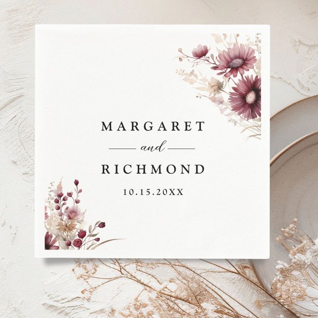 Dusty Burgundy Wildflowers Floral Wedding  Napkins (Creator Uploaded)