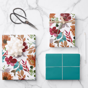 Dusty Colorful Flowers Elegant Botanical Pattern Wrapping Paper Sheets