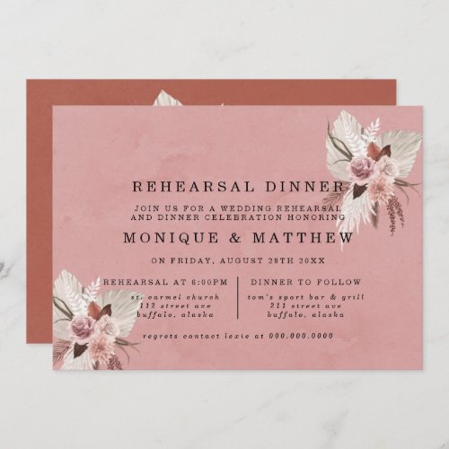 Dusty Copper Tropical Pampas Rehearsal Dinner Invitation