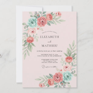 Dusty Coral Aqua Blossom Wedding Invitation