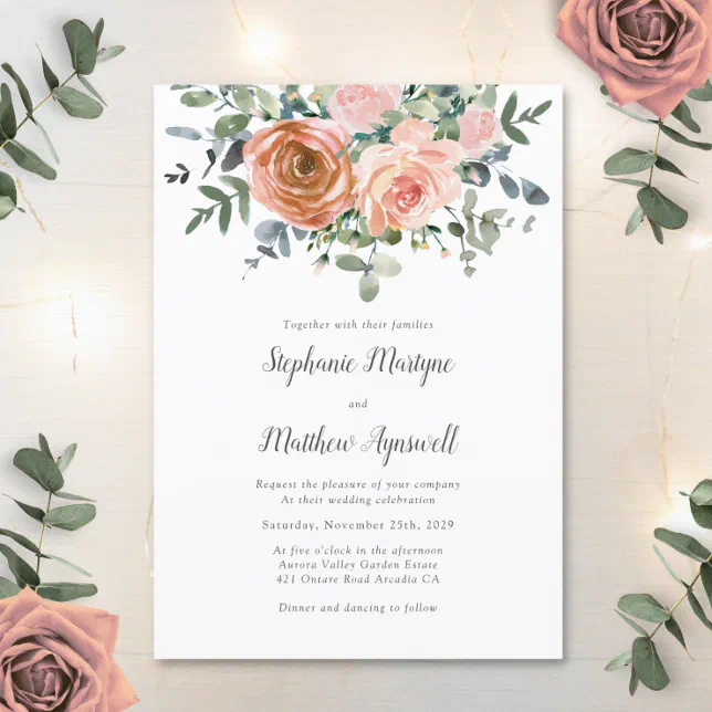 Dusty Coral Eucalyptus Botanical Wedding Invitation 