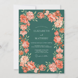 Dusty Coral Peony Wreath Wedding Invitation