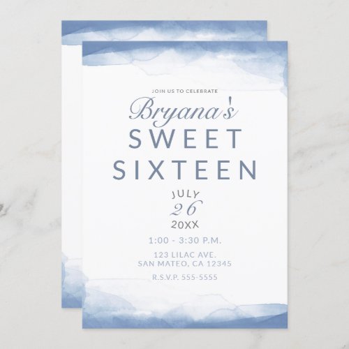 Dusty Cornflower Blue Watercolor Modern Sweet 16 Invitation