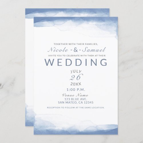 Dusty Cornflower Blue Watercolor Modern Wedding Invitation