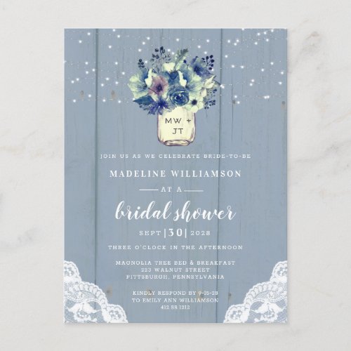 Dusty Country Blue Mason Jar Bridal Shower  Invitation Postcard