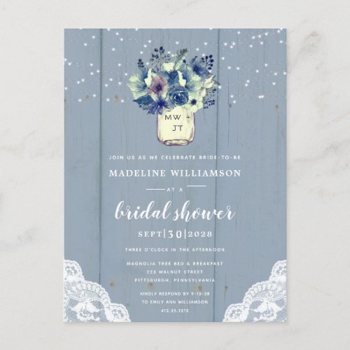 Dusty Country Blue Mason Jar Bridal Shower  Invitation Postcard