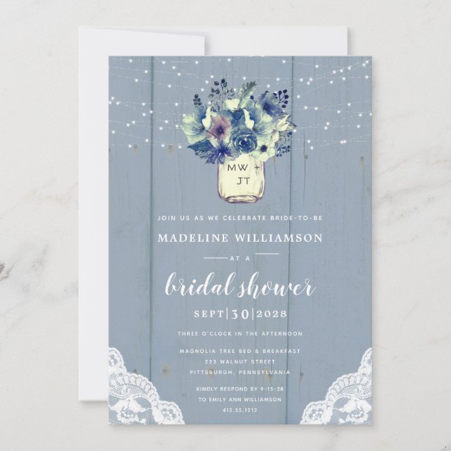 Dusty Country Blue Mason Jar Lace Bridal Shower  Invitation (Front)