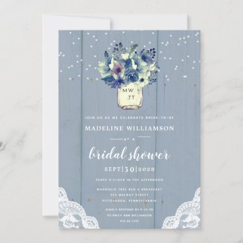 Dusty Country Blue Mason Jar Lace Bridal Shower  Invitation