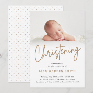 Dusty Cream Handwritten Script Christening Photo Invitation