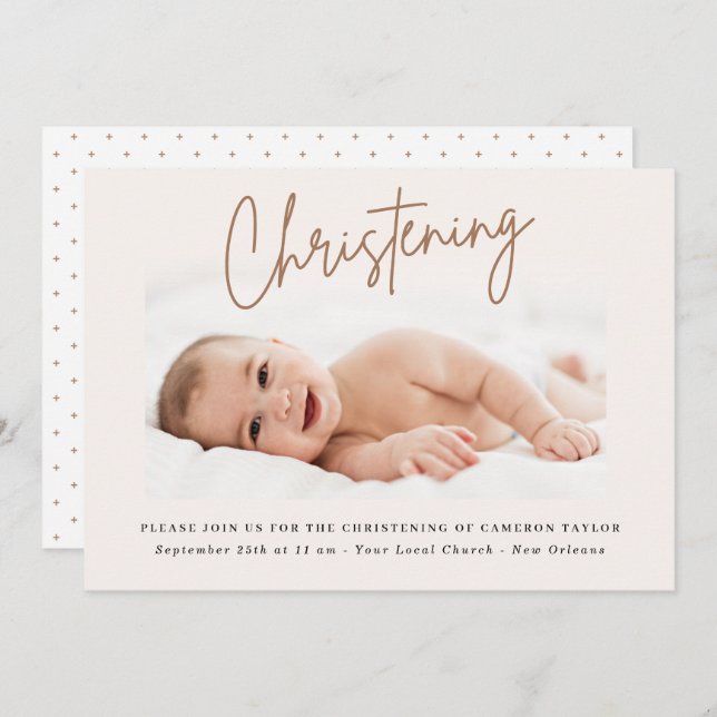 Dusty Cream Handwritten Script Christening Photo Invitation (Front/Back)