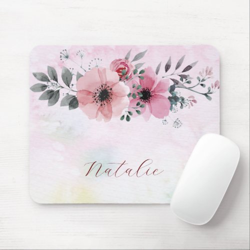 Dusty cute monogram name flower girly pink script mouse pad