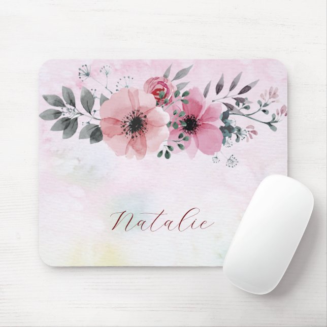 Dusty cute monogram name flower girly pink script mouse pad (With Mouse)