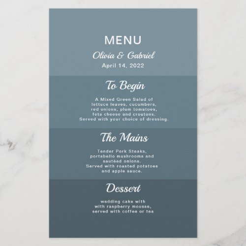 Dusty deep blue Stylish Elegant wedding menu