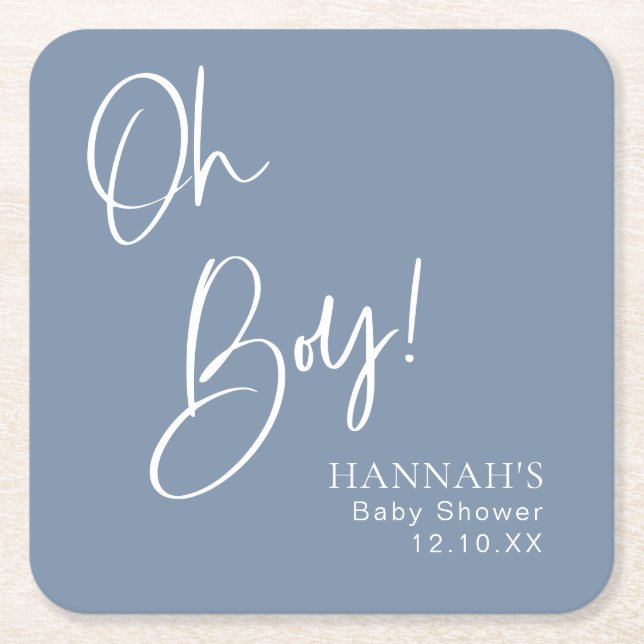 Dusty/ Denim Blue Oh Boy Baby Shower  Square Paper Coaster (Front)