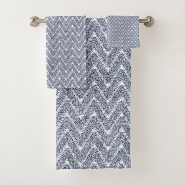 Dusty Denim Blue Small Chevron Pattern Bath Towel Set (Insitu)