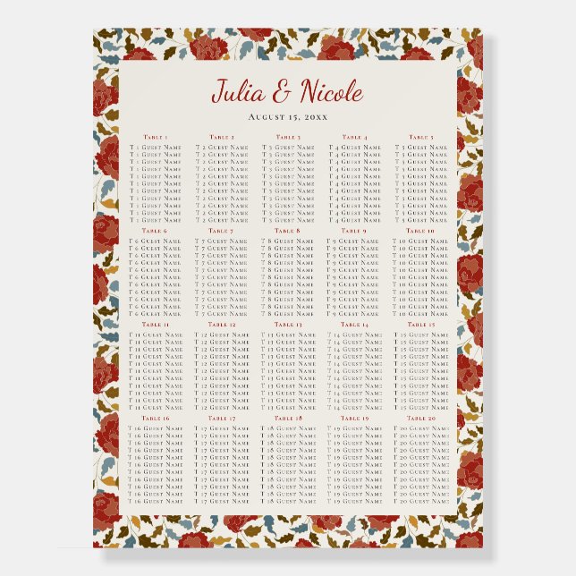 Dusty Elegant Golden Red Rose Flower Wedding Foam Board (Front)