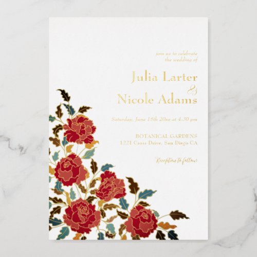 Dusty Elegant Golden Red Rose Flower Wedding Foil Invitation