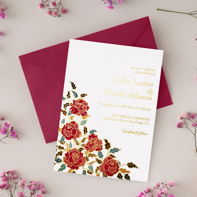 Dusty Elegant Golden Red Rose Flower Wedding Foil Invitation (Creator Uploaded)