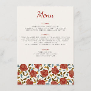 Dusty Elegant Golden Red Rose Flower Wedding Menu