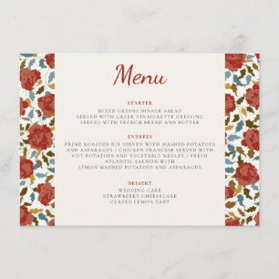 Dusty Elegant Golden Red Rose Flower Wedding Menu
