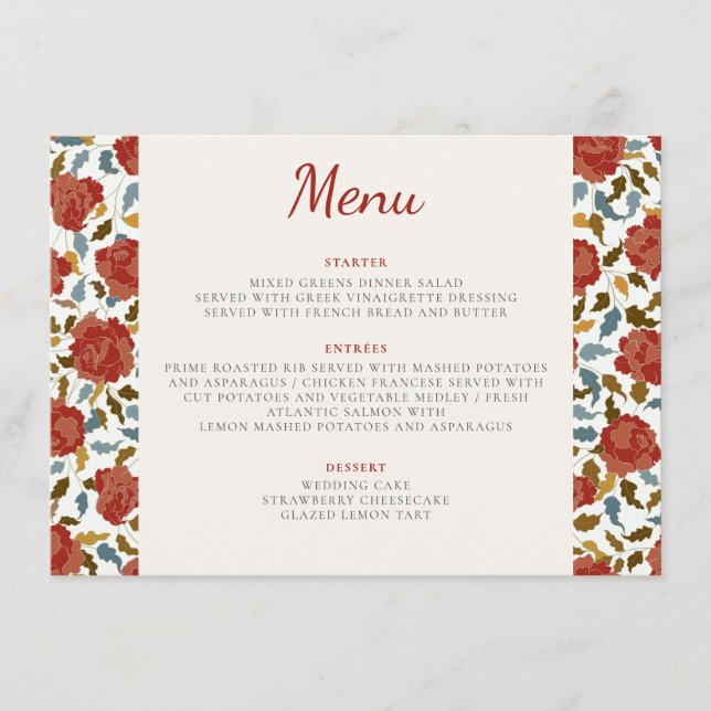 Dusty Elegant Golden Red Rose Flower Wedding Menu (Front)