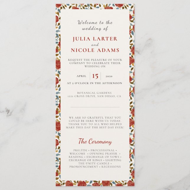 Dusty Elegant Golden Red Rose Flower Wedding Program (Front)