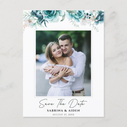 Dusty Emerald Green  Floral wedding Save The Date Announcement Postcard