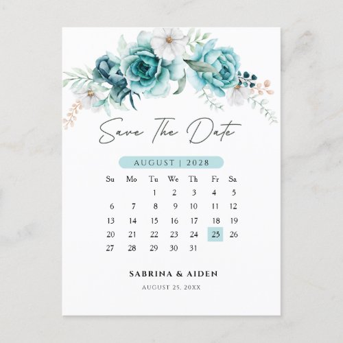 Dusty Emerald Green  Floral wedding Save The Date Announcement Postcard