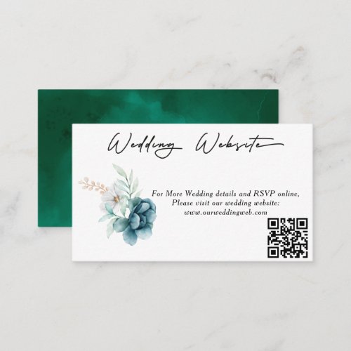 Dusty Emerald Green Floral Wedding Website QR Code Enclosure Card