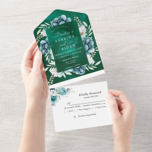 Dusty Emerald Green White Floral Wedding All In One Invitation