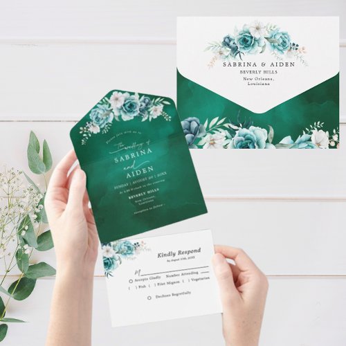Dusty Emerald Green White Floral Wedding All In One Invitation