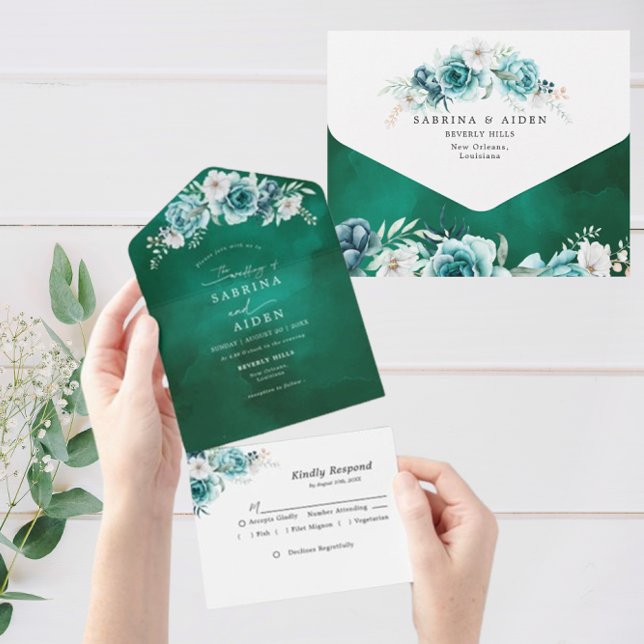 Dusty Emerald Green White Floral Wedding All In One Invitation (Creator Uploaded)
