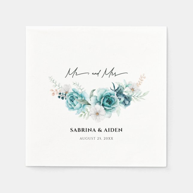 Dusty Emerald Green White Floral Wedding Napkins (Front)