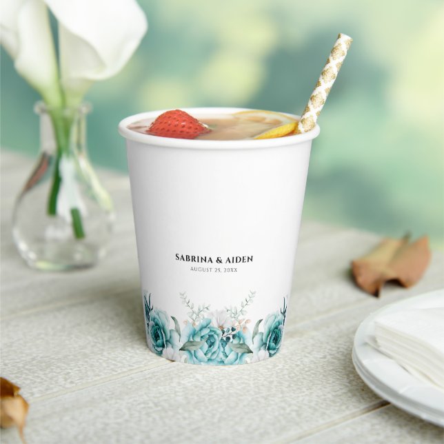 Dusty Emerald Green White Floral Wedding Paper Cups (Insitu)