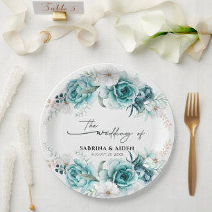 Dusty Emerald Green White Floral Wedding Paper Plates