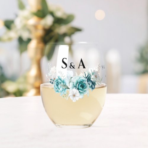 Dusty Emerald Green White Floral Wedding Stemless Wine Glass