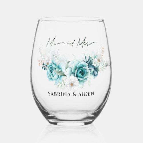 Dusty Emerald Green White Floral Wedding Stemless Wine Glass