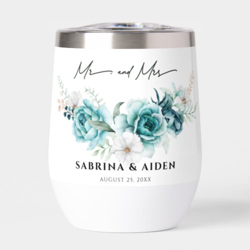 Dusty Emerald Green White Floral Wedding  Thermal Wine Tumbler