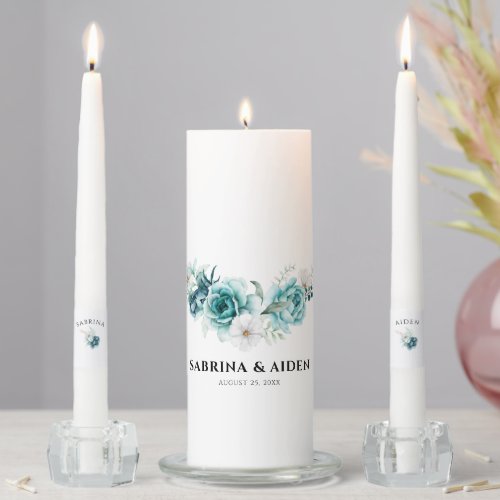 Dusty Emerald Green White Floral Wedding Unity Candle Set