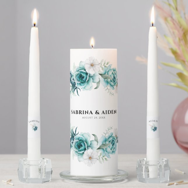 Dusty Emerald Green White Floral Wedding Unity Candle Set (In Situ)