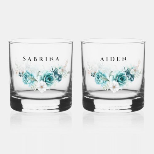 Dusty Emerald Green White Floral Wedding Whiskey Glass