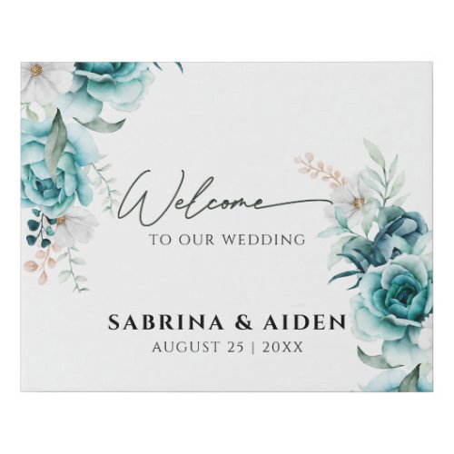 Dusty Emerald Green White Floral Welcome Wedding  Faux Canvas Print