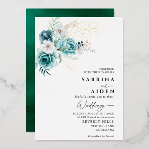 Dusty Emerald Greenery White Floral Wedding Foil Invitation