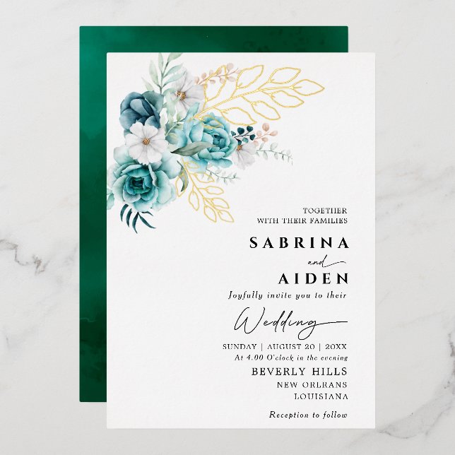 Dusty Emerald Greenery White Floral Wedding Foil Invitation (Front/Back)
