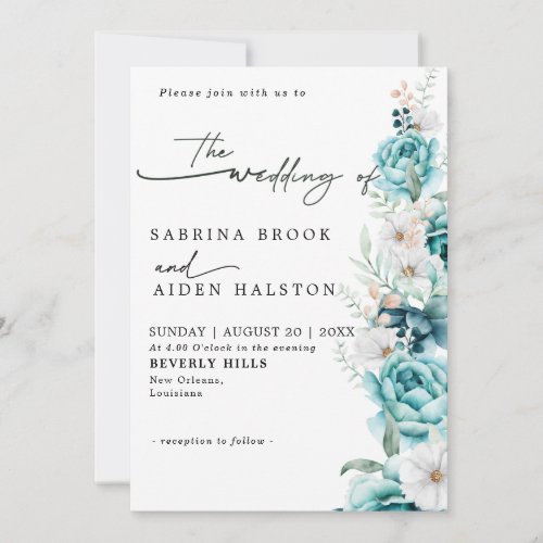 Dusty Emerald Greenery White Floral Wedding Invitation