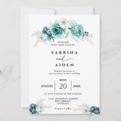 Dusty Emerald Greenery White Floral Wedding Invitation