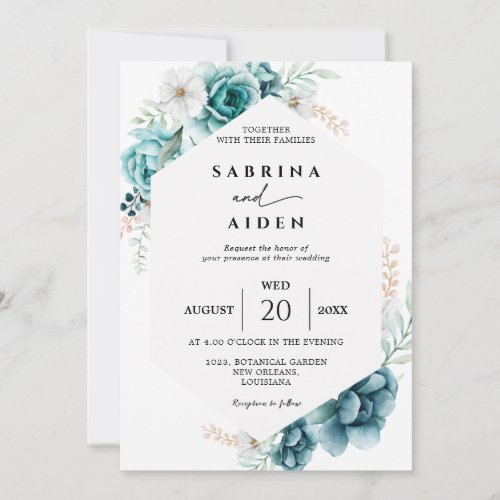 Dusty Emerald Greenery White Floral Wedding  Invitation